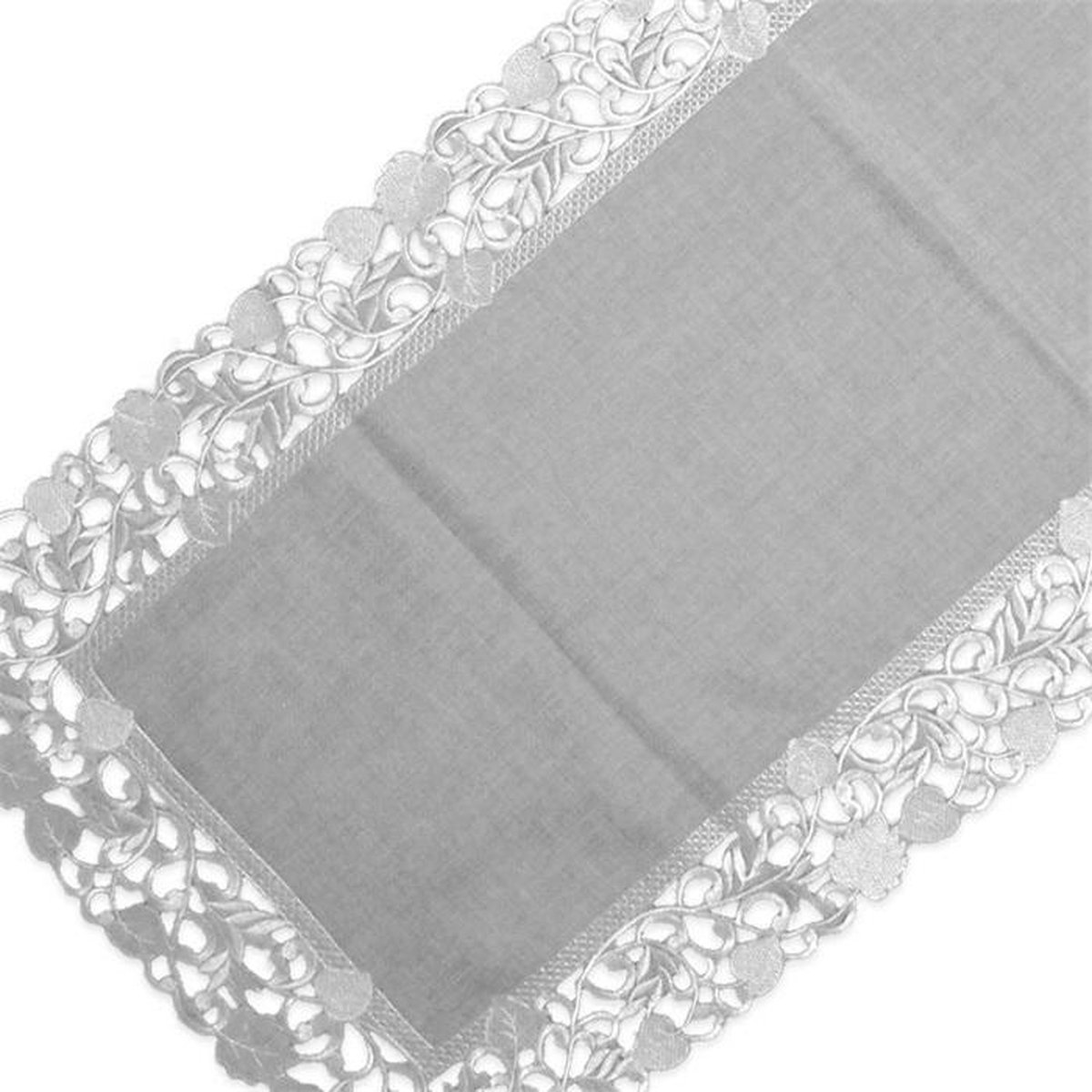 Tafelkleed Linnenlook licht Grijs met blaadjes - Loper 45 x 150 cm