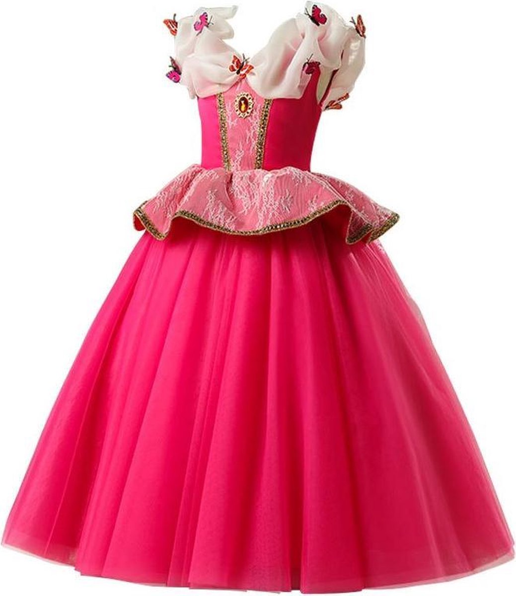 Doe een poging eb forum Doornroosje jurk Prinsessen jurk verkleedjurk Deluxe vlinders 110-116 (110)  fel roze +... | bol.com