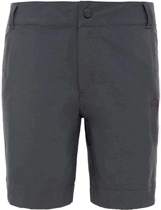 The North Face dames outdoorbroek in het grijs, met knoopsluiting en het logo op de rechterpijp.