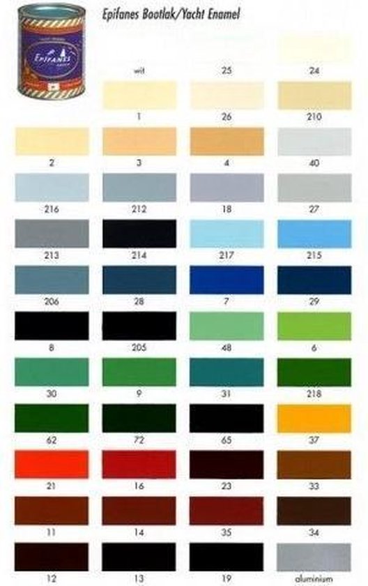 Blik Epifanes Bootlak Yacht Enamel, gouden/witte strepen, naast kleurenkaart met 48 kleuren.