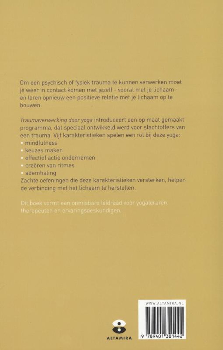 Boekomslag met tekst over traumaverwerking door yoga. Bevat de tekst 'Traumaverwerking door yoga' en 'Altamira'.