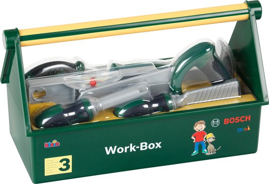 Klein Toys Bosch Technico 7-delige gereedschapsset - zaag, schroevendraaier, vijl, waterpas, tang, hamer, steeksleutel - 30,25x14x17,25 cm - groen geel