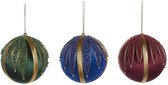 Viv! Christmas Kerstbal - Fluweel met kraaltjes - set van 3 - rood groen blauw - 10cm