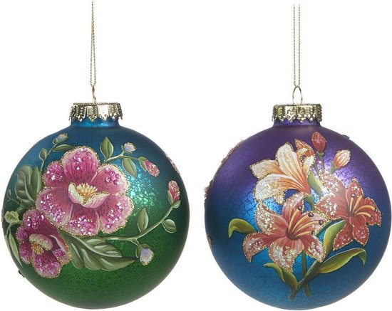 Viv! Home Luxuries Kerstbal bloemen - 2 stuks - groen blauw paars - 10cm -  topkwaliteit | bol.com