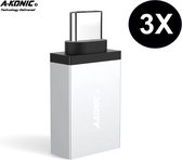 A-Konic© set van 3 USB-C Naar USB-A adapter OTG Converter USB 3.0 | 3 pack | USB C to USB HUB | Geschikt Voor Apple MacBook / iMac / Ultrabook / Surface Book 2 | Zilver