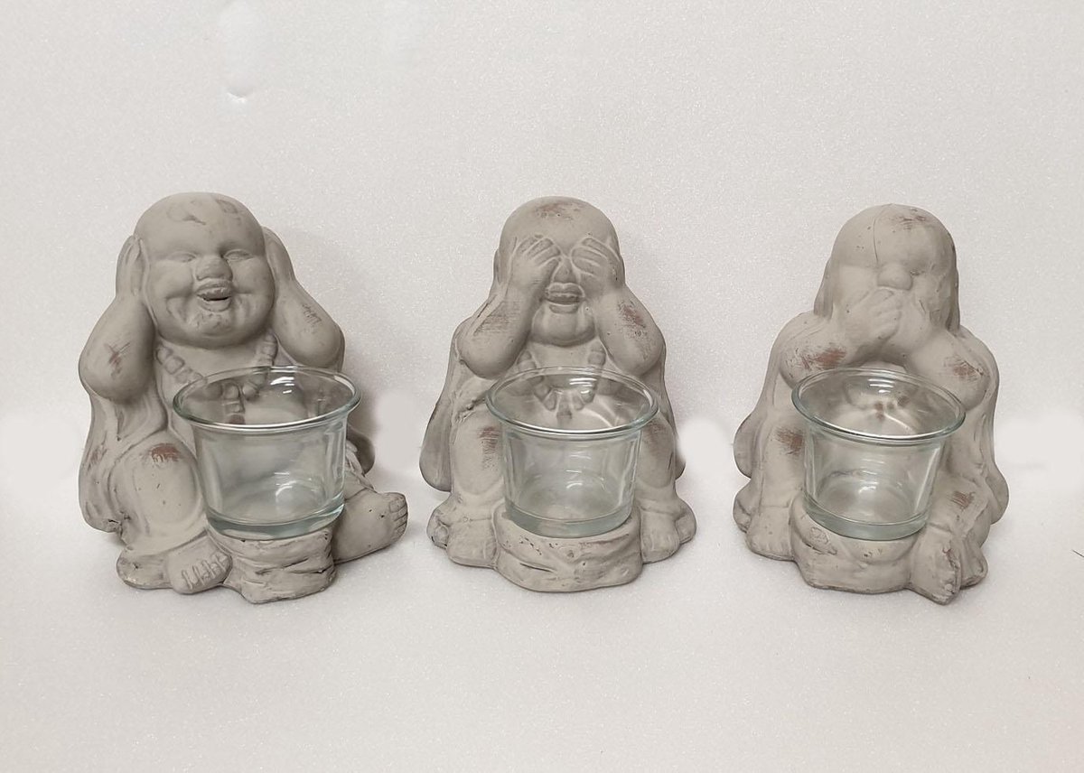 Set van 3 boeddha beeldjes horen,zien en zwijgen met waxine glaasjes