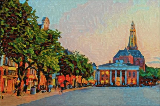 Schilderij Kleurrijke Korenbeurs Groningen op Zomeravond - Aluminium, 60x40