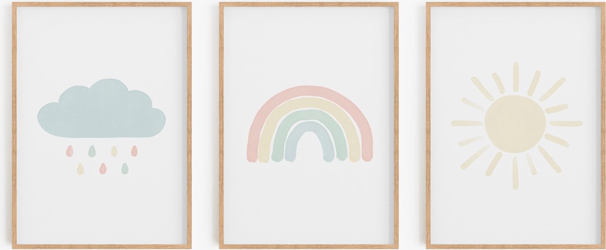 Babykamer posters - 21x30 cm- 3 stuks - Wolkje, Regenboog & Zon