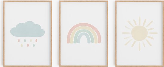 Babykamer posters - 21x30 cm- 3 stuks - Wolkje, Regenboog & Zon