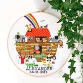 Borduurpakket Ark van Noach Baby sampler met speciaal gemeleerd DMC garen | Borduurpakket voor baby kamer | Inclusief borduurring + DMC garen + telpatroon en borduurnaald | Christelijk borduurpakket