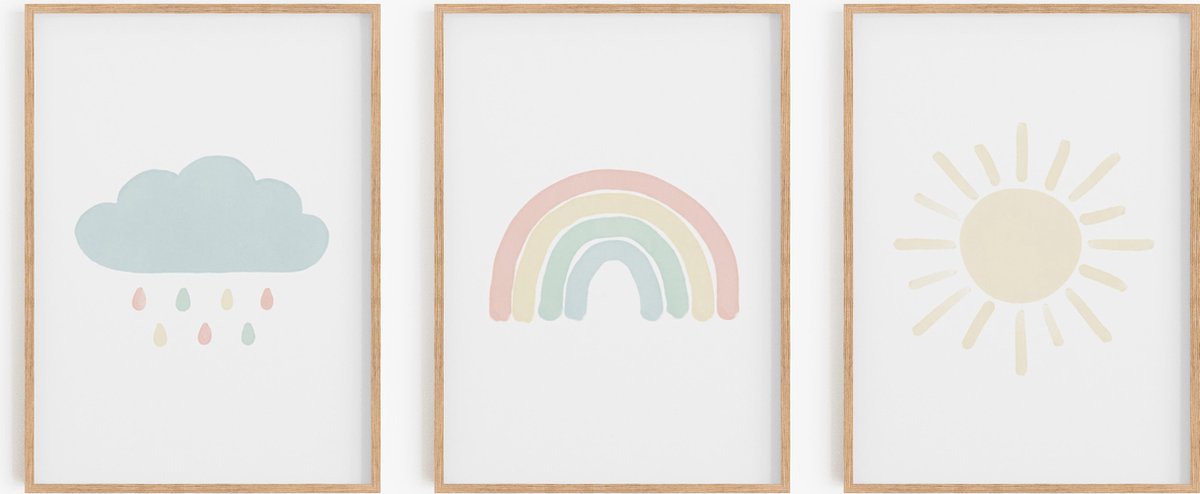 Kinderkamer/babykamer posters - 3 Posters - 30x40 cm - Wolkje, regenboog & zonnetje