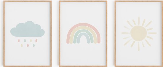 Kinderkamer/babykamer posters - 3 Posters - 30x40 cm - Wolkje, regenboog & zonnetje