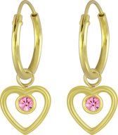 Joy|S - Zilveren hartje bedel oorbellen kristal roze 14k goudplating oorringen