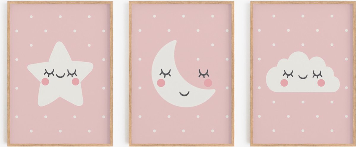 Babykamer/kinderkamer posters - 3 Posters - Roze - 30x40 cm - Wolk, ster, maan