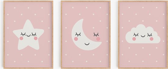Babykamer/kinderkamer posters - 3 Posters - Roze - 30x40 cm - Wolk, ster, maan