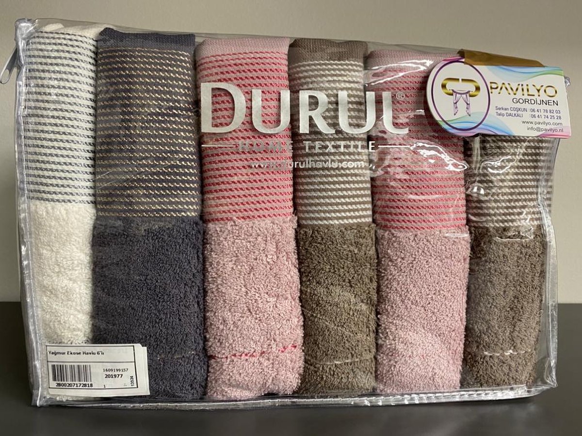 Handdoeken 50X90 Ziet er in de doos 6 stukken met verschillende kleuren.
