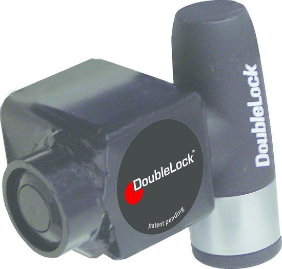 Zwart DoubleLock buitenboordmotorslot met de tekst 'patent pending'. SCM goedgekeurd.