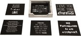 Onderzetters voor glazen - set nr 28 onderleggers - Hout - Leuke onderzetters met tekst , Zwarte , 6 stuks met een houder
