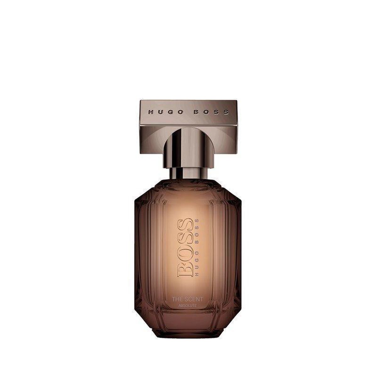 Hugo Boss The Scent Absolute eau de parfum fles, 30ml. De fles is facetgeslepen en van getint glas met een metalen dop.