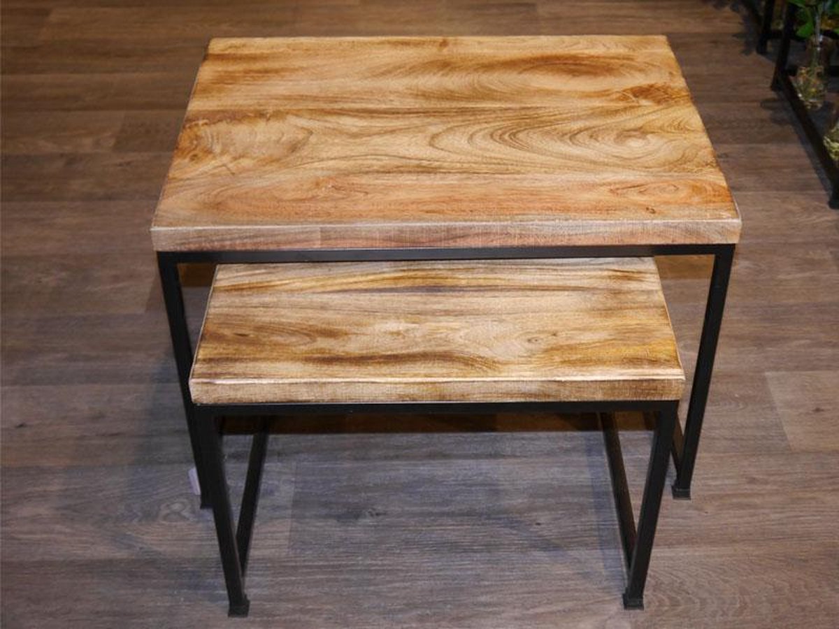 SENSE INDUSTRIËLE SALONTAFEL S/2 -BIJZETTAFEL - GERECYLED MANGOHOUTBALD TAFEL