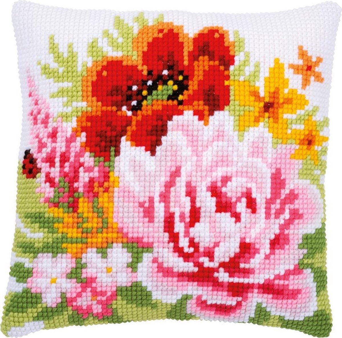 Vervaco - Kruissteekkussen kit - Kleurige bloemen - PN-0184990 - Borduren - Borduurpakket - Borduurpakket volwassenen - Borduurpakket kind