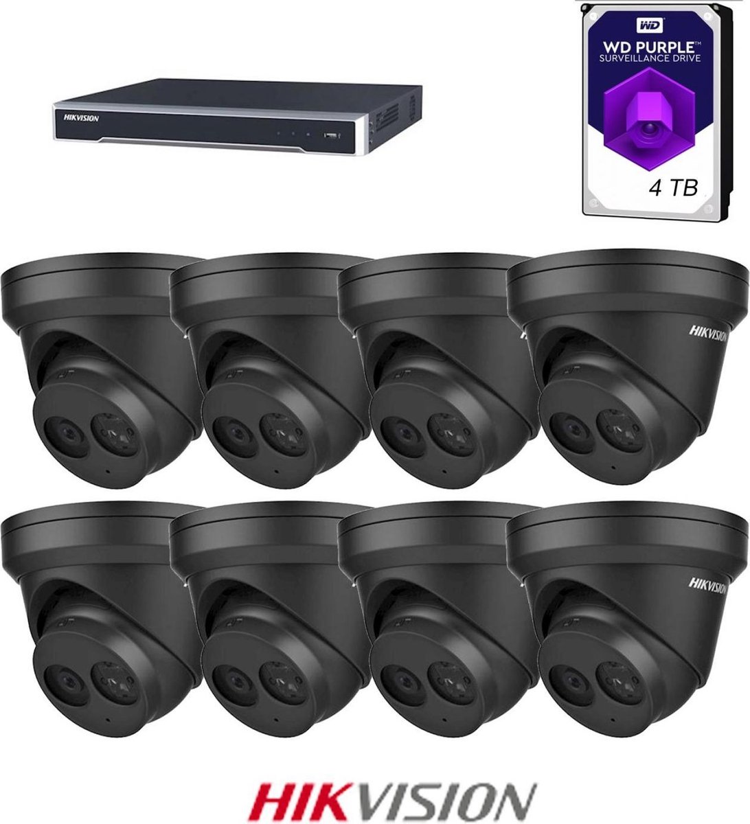 HIKVISION Exir Dome 4MP 2.8mm Black Set,  4K 8-channel recorder incl 4TB WD Purple, 8x EXIR 4MP Dome's 2.8mm + beugels en gratis netwerkkabel. - Hikvision