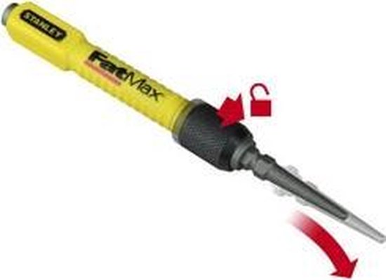 Gele Stanley FatMax automatische drevel met zwarte grip en slot/ontgrendelingsindicator.