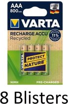 32 Stuks (8 Blisters a 4 st) Varta Recharge Accu Recycled AAA Oplaadbare Batterijen 800 mAh