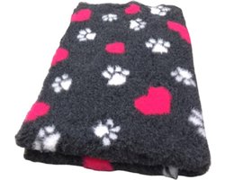 Topmast Vet bed - Hondendeken - Benchmat -puppykleed dierenmat - Antraciet + fuchsia hartjes en witte pootjes  Anti-Slip - 150x100 cm machinewasbaar
