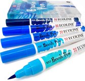 Ecoline “Blauw” Brushpennen set van 5 + 1 Blok Ecoline Papier 20 Vel, 300g/m² + GRATIS Zipperbag