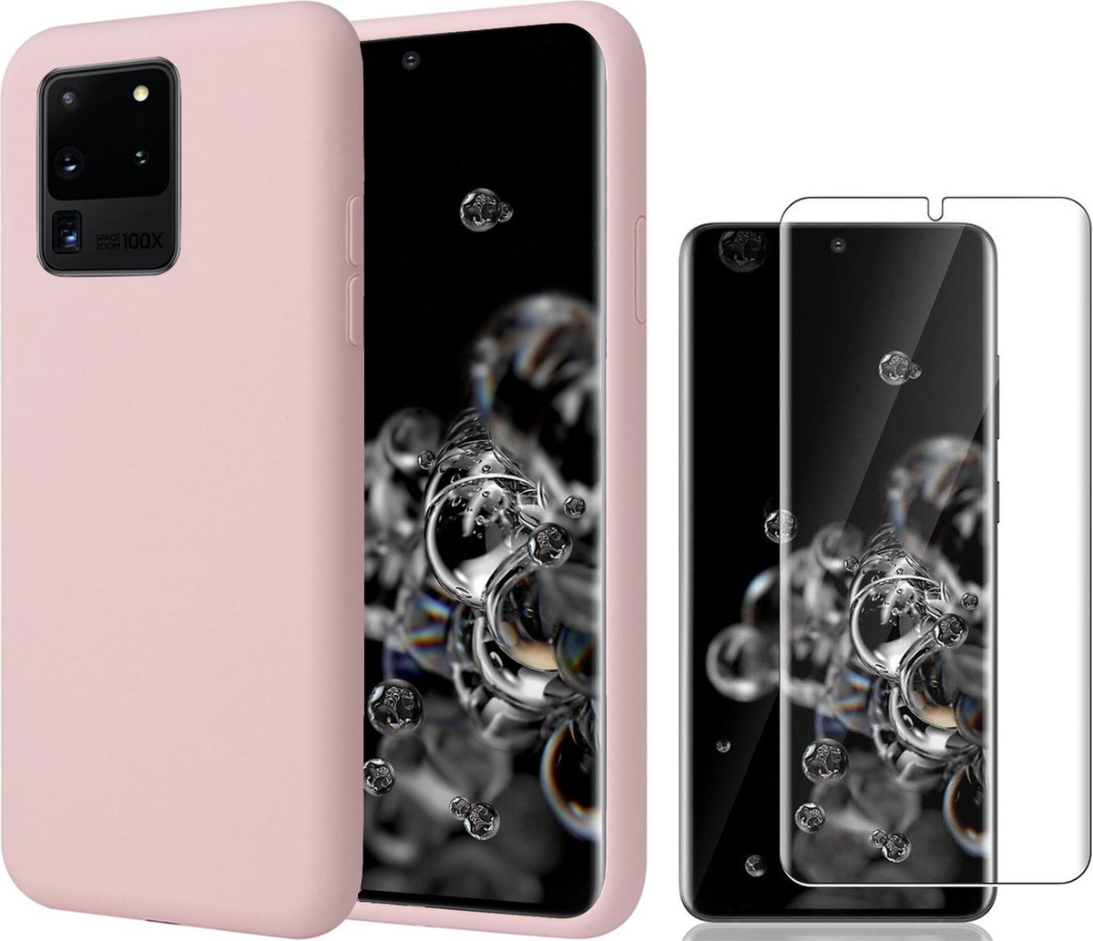 Hoesje geschikt voor Samsung S20 Ultra - Liquid Siliconen Case + Screen Protector - Roze