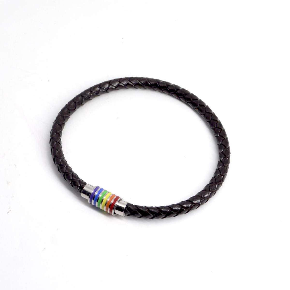Mea* Rainbow-regenboog Gay pride armband leer DONKER BRUIN/zwart 24cm