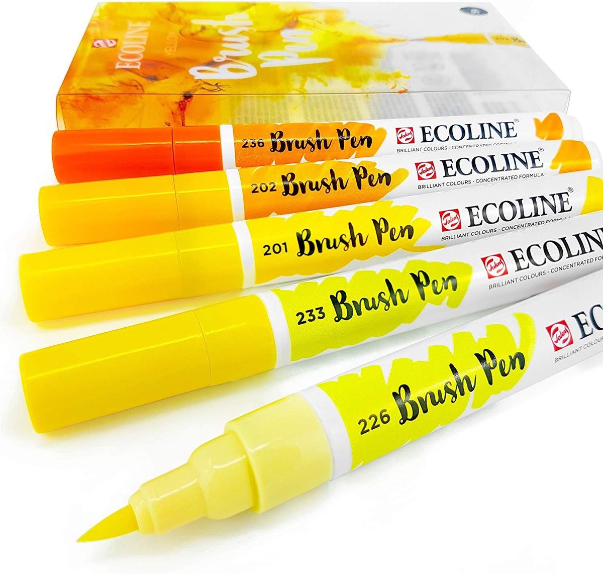 Talens Ecoline Brushpen Set met 5 Pennen (Geel) + 1 Brush Pen Blender verpakt in een handige Zipperbag + 1 x A4 Ecoline/aquarelblok + Basis Boekje Brush/Handlettering