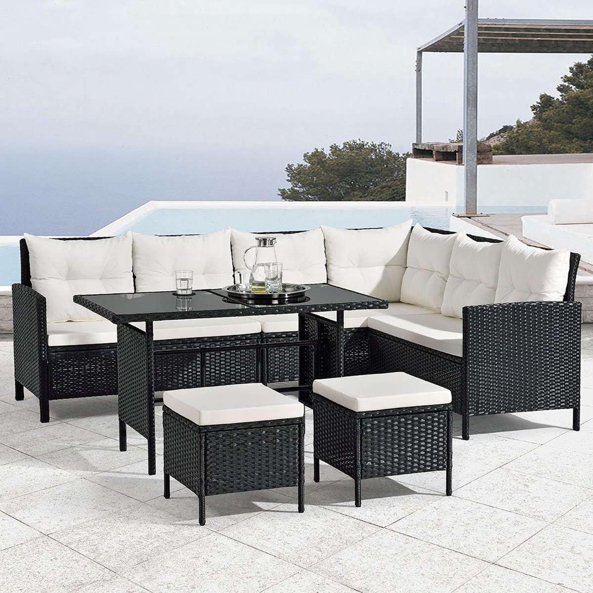 Juskys Loungeset Manacor - Polyrotan - Zwart/wit thumbnail 4
