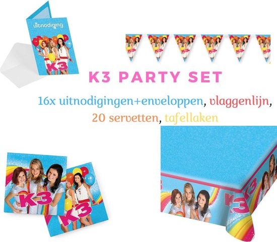 K3 Verjaardagspakket - Uitnodigingen Servetten Vlaggenlijn Tafelkleed Verjaardag... | bol.com