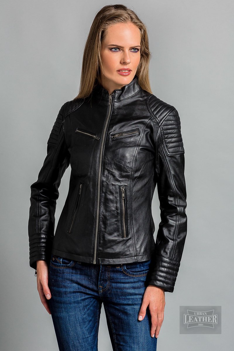 Urban 5884® - Angelina - Damesjas -Biker Model - Lams Leer - Soepel - Zwart - Getailleerd - Maat XL