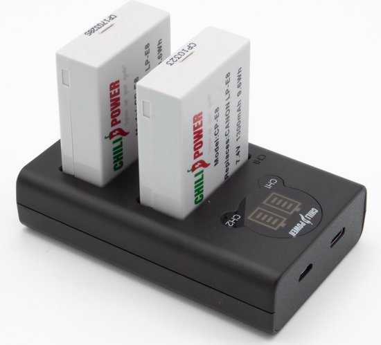 ChiliPower LP-E8 camera accu set 2x 1300mAh + USB dubbellader voor Canon EOS 550D 600D 650D 700D