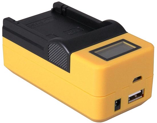 Gele en zwarte NP-FW50 synchron lader met LCD-scherm, USB-poort en stroomaansluiting.
