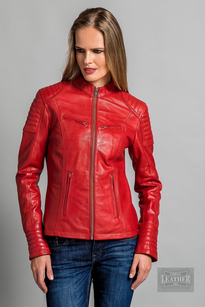 Urban 5884® - Angelina - Damesjas -Biker Model - Lams Leer - Soepel - Rood- Getailleerd - Maat S