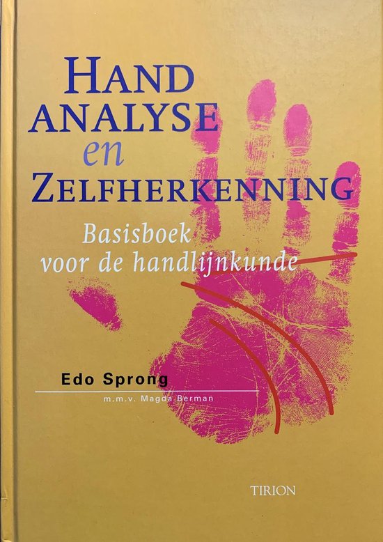 Gele boek kaft met een roze handafdruk en de titel "Hand Analyse en Zelfherkenning".