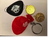 piraten ooglapje met 1 x oorbel zilver 1 x rood geld zakje 2 x piraten muntjes