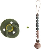 BIBS fopspeen T2 maat 6 18 - Hunter Green & Mushie speenkoord - Dried Thyme (Hout/Siliconen)