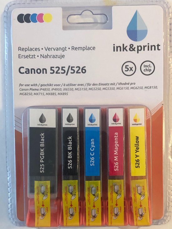 Canon 525/526 Inkt 5 pack - zwart en kleur - Ink&print - IP-C525