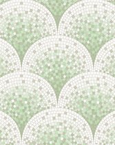 Steen tegel behang Profhome BA220045-DI vliesbehang hardvinyl warmdruk in reliëf gestempeld in tegel patroon glimmend groen wit pastelturquoise grijsbeige 5,33 m2