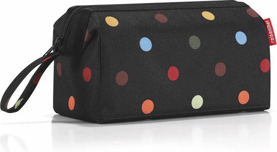 Zwarte toilettas met veelkleurige, grote stippen. Met ritssluiting en handvat.