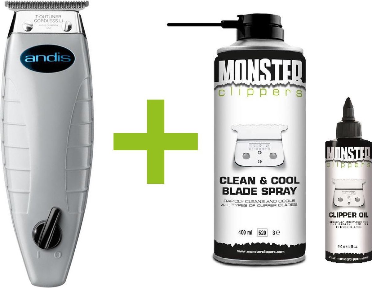 Andis Trimmer Cordless T-Outliner Lithium-Ion + Monster Clippers Clean & Cool Blade Spray & Olie