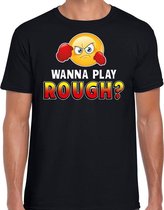 Funny emoticon t-shirt Wanna play rough zwart voor heren - Fun / cadeau shirt L