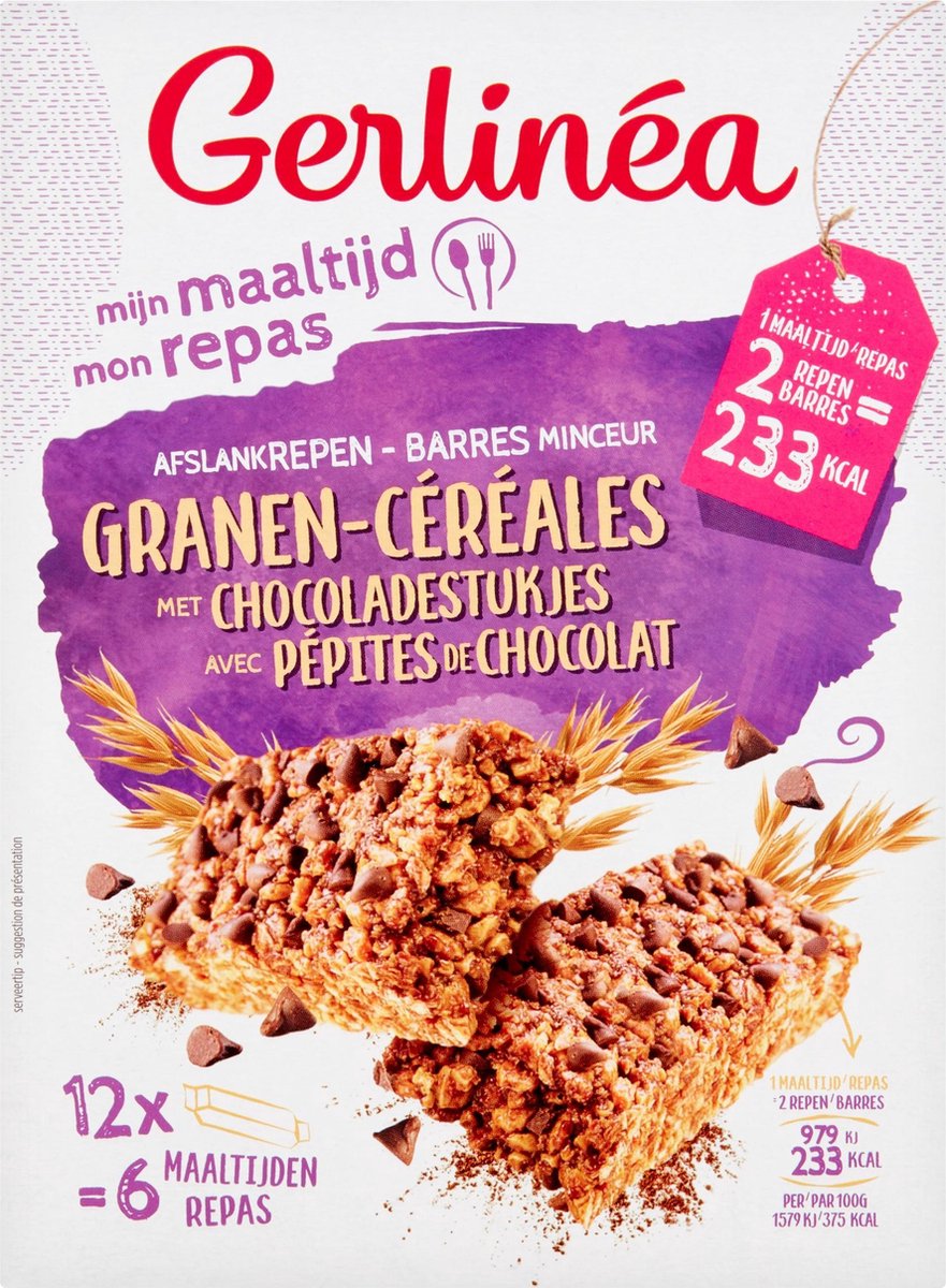 Goedkoopste Gerlinea - Maaltijdrepen - Granen & Stukjes Chocolade - 12 stuks