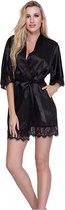 Kimono sexy pour femme - Noir - Dentelle - Robe de soirée - Taille L / XL - Peignoir en satin -