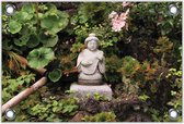 Tuinposter –Buddha met Bloemen– 40x30 Foto op Tuinposter (wanddecoratie voor buiten en binnen)